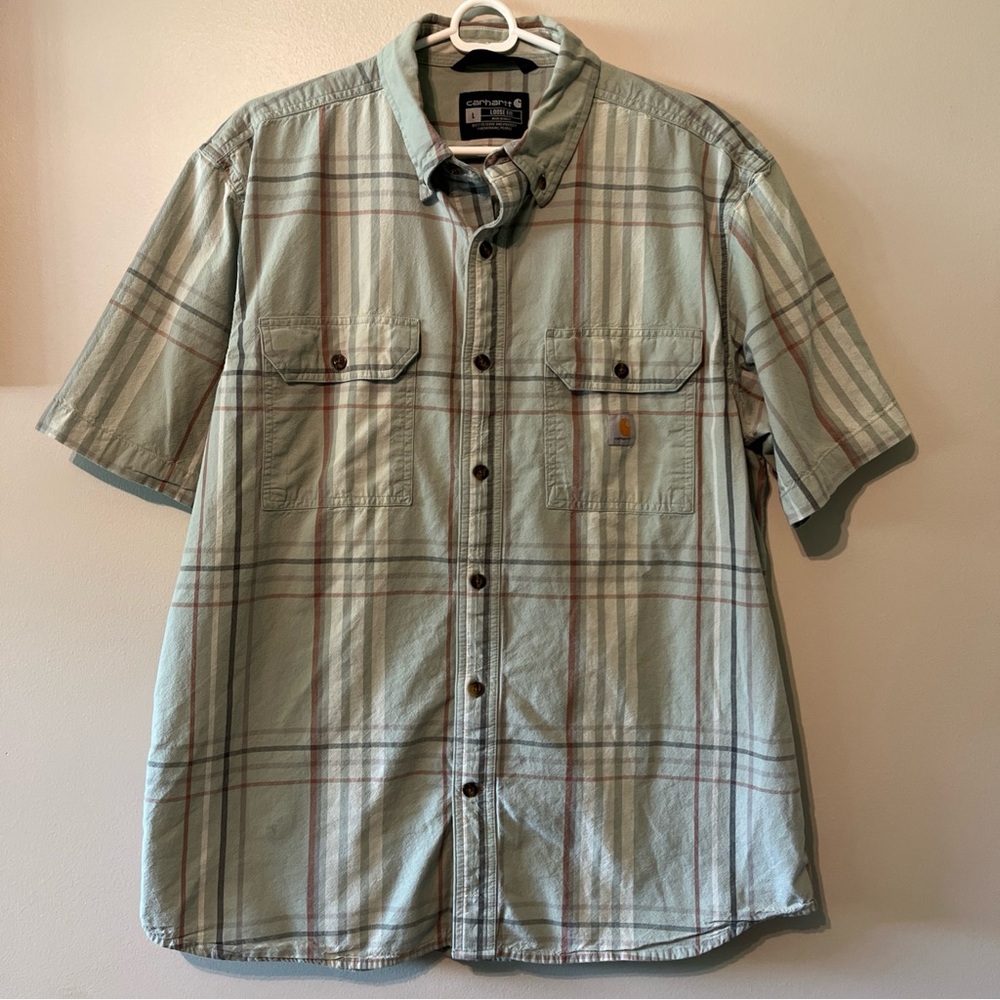 Carhartt Large Loose Fit Short Sleeve Button Up Shirt Cotton Green Brown stripe